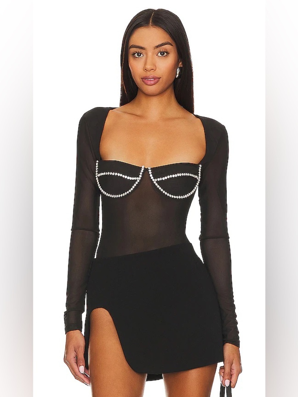 Bardot Revolve Bodysuit Womens Large Carter Bustier Rhinestone New Black